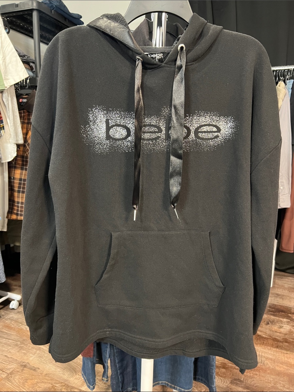 bebe Black Crewneck Logo Hoodie with Satin Drawcords